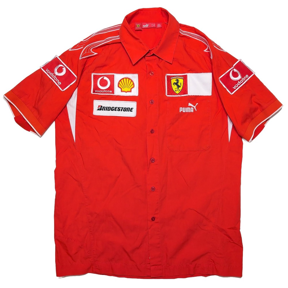 PUMA Ferrari Racing Work Shirt Men Small Red F1 Team Sponsor Patch Pit Button Up